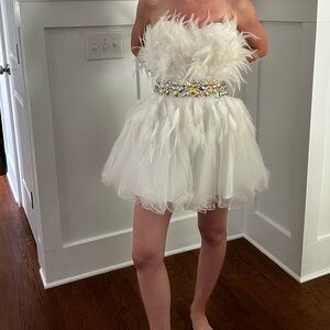 Alyce Paris White Feathered Prom Dress
